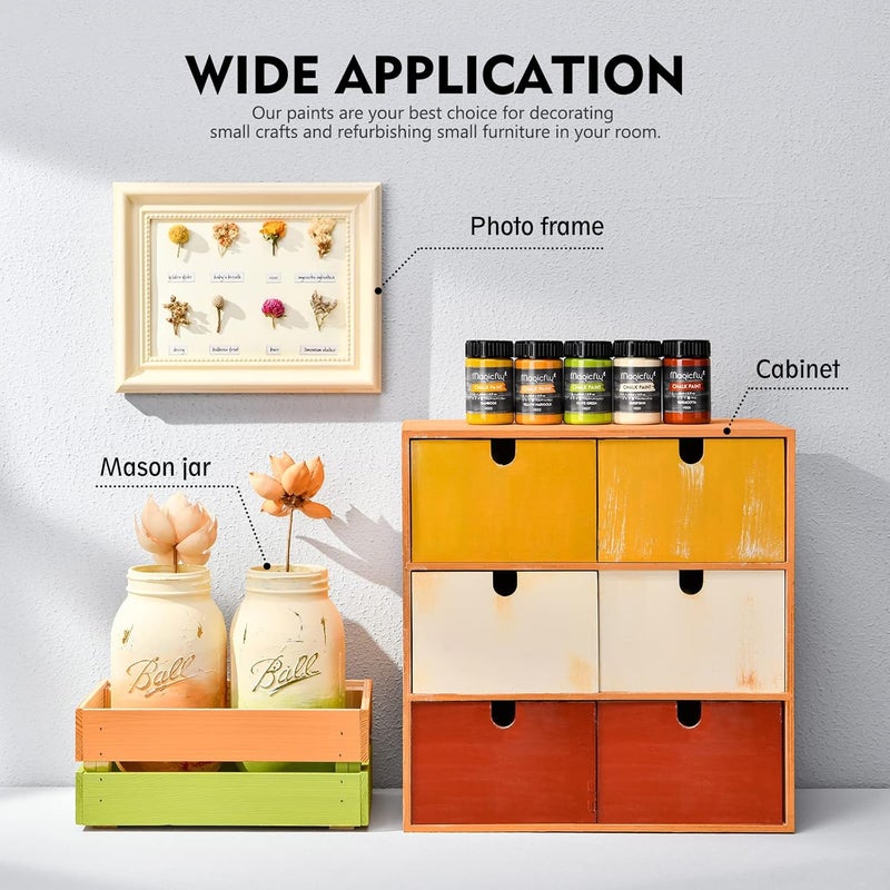 Magicfly 15 Pcs Chalk Furniture Paint Set, 9 Colors Ultra Matte Finish Acrylic Craft Paint Set (60 ml/2 oz) with Liquid Wax, 2 Brushes, 3 Sandpapers, Chalk Paint for Furniture, Crafts, Rustic Colors - Image 3